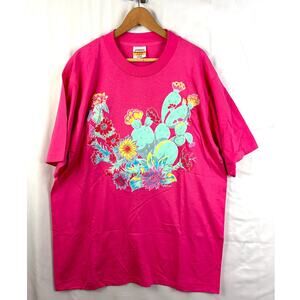 VTG 90s Single Stitch Pink Cactus Floral T-Shirt XL Made in USA Southwest